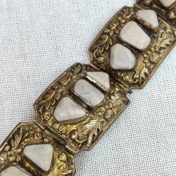Antique Chinese Export stone panel bracelet with pin closure